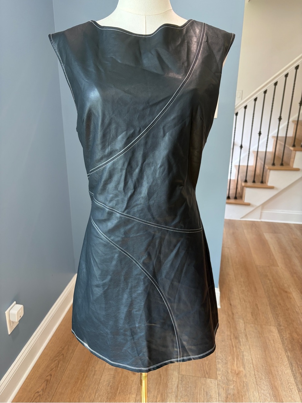 Free People Black Faux Leather Open Back Mini Dress Contrast Stitching Small